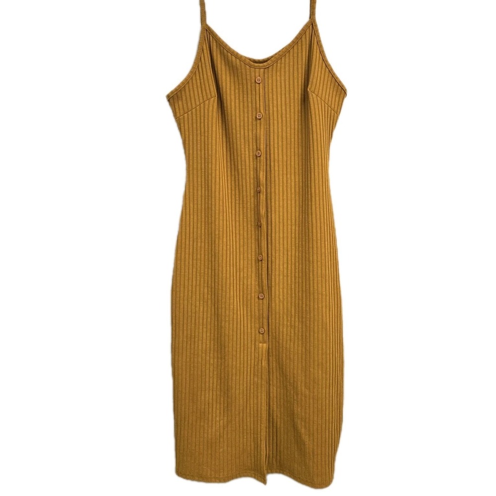 Say What Midi Dress Ribbed Faux Button Front Split Large Mustard Chic Bodycon